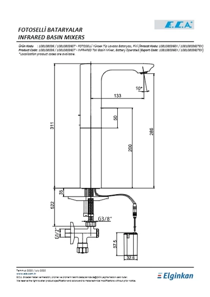 Eca Compact Fotoselli Yüksek Tip Lavabo Bataryası Pilli - Resim 2