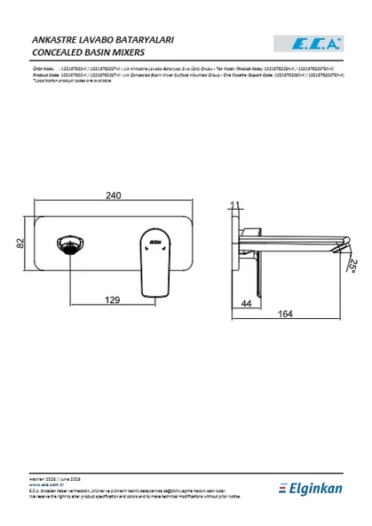 Eca Lia Ankastre Lavabo Bataryası Sıva Üstü Tek Rozet - Resim 2