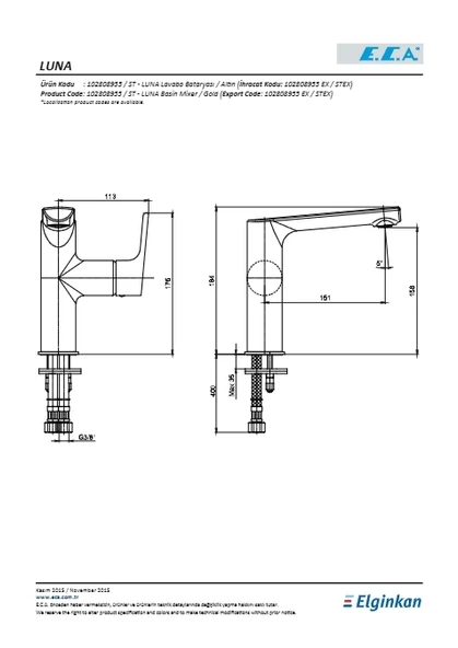 Eca Luna Lavabo Batarya Yandan Kollu Altın Görünümlü - Resim 2