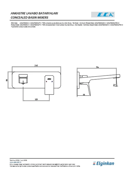 Eca Tiera Ankastre Lavabo Bataryası Sıva Üstü Tek Rozet Mat Siyah - Resim 2