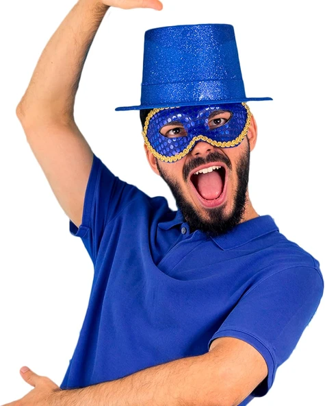 Mavi Renk Parıltılı Simli Fötr Silindir Parti Şapkası - Resim 2