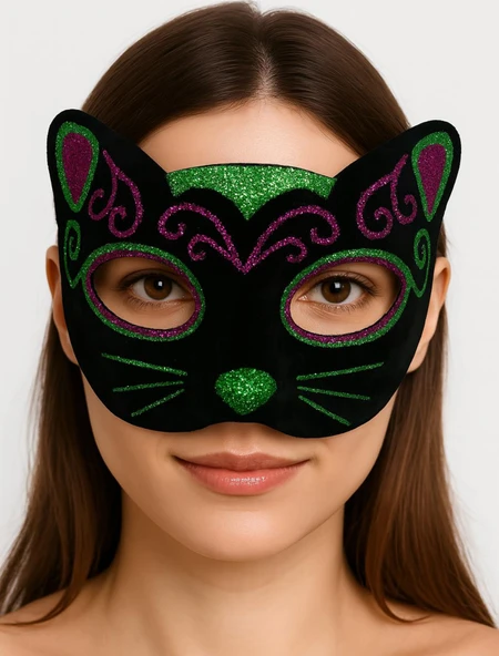 Siyah Kadife Kaplama Üzeri Pembe Yeşil Sim İşlemeli Kedi Maskesi 20x13 cm ürün görseli