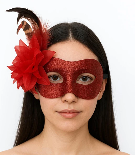 Kırmızı Renk Metalize Sim Görünümlü Parlak Tüylü Parti Maskesi 22x19 cm ürün görseli