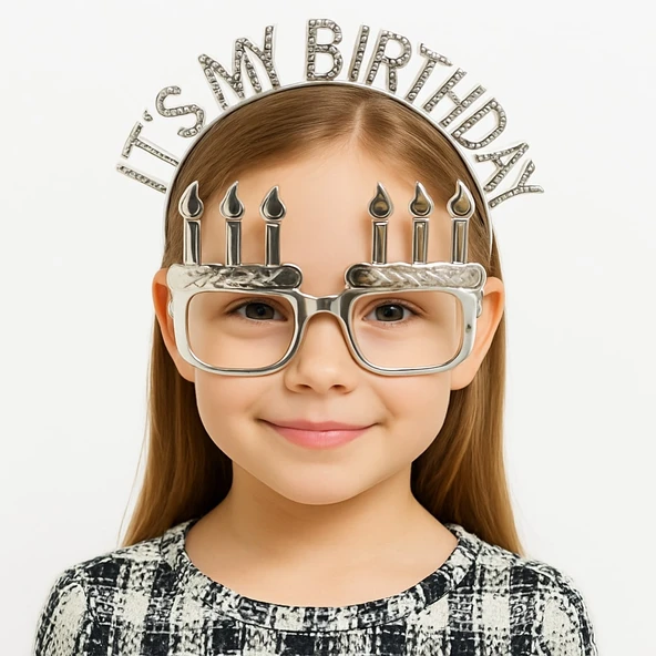 İt's My Birthday Yazılı Taç ve Mum Şekilli Gözlük Seti Gümüş Renk - Resim 7