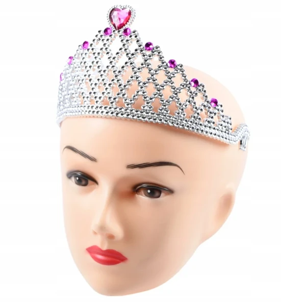 Fuşya Kalpli Gümüş Renk Kraliçe Tacı Prenses Tacı - Resim 8
