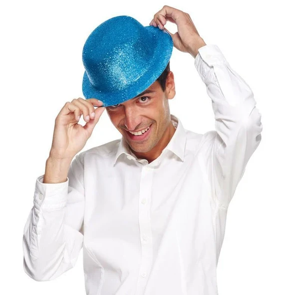 Mavi Renk Simli Melon Yuvarlak Parti Şapkası 24x26 cm - Resim 4