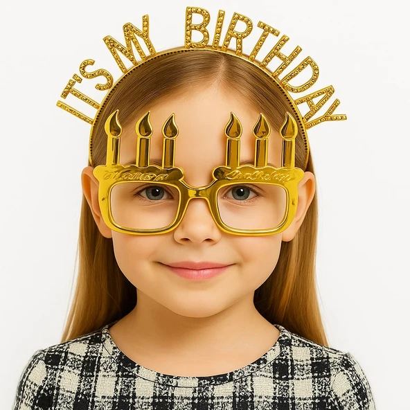 İt's My Birthday Yazılı Taç ve Mum Şekilli Gözlük Seti Altın Renk ürün görseli