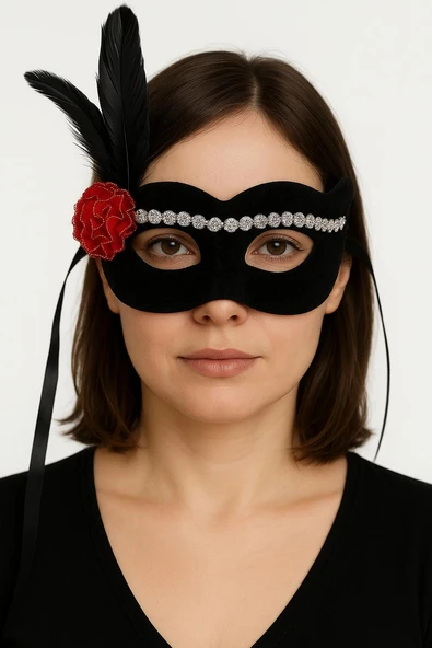 Siyah Renk Süet Kaplama Gümüş Dantelli Kırmızı Gül Tasarımlı Parti Maskesi 18x20 cm ürün görseli