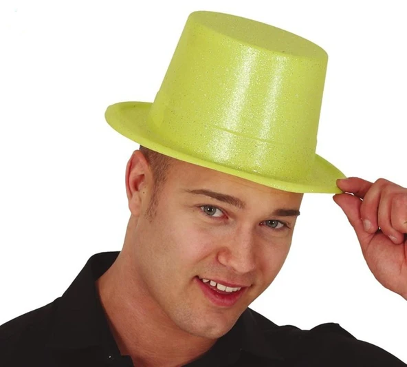 Floresan Sarı Renk Simli Uzun Fötr Melon Şapka 12 cm - Resim 6