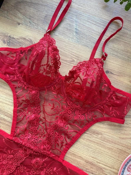 AmoraSecret AmoraSecret Çiçek Desenli Kırmızı Bodysuit - 2