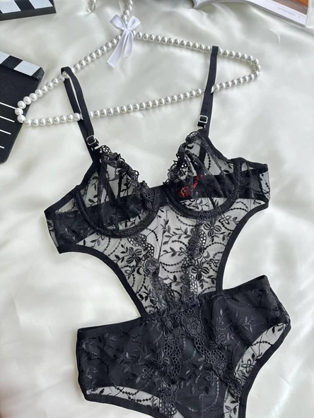 AmoraSecret AmoraSecret Çiçek Desenli Siyah Bodysuit - 2