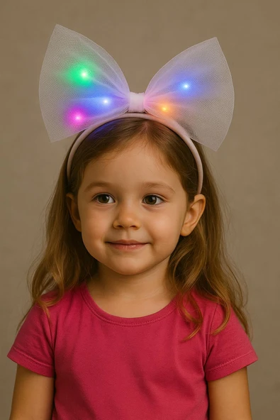 Rengarenk Led Işıklı Fiyonk Şekilli Tül Parti Tacı Beyaz Renk 25x25 cm ürün görseli