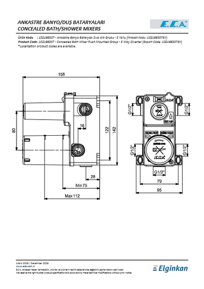Eca Ankastre Banyo Bataryası Sıva Altı Grubu 3 Yollu - Resim 2