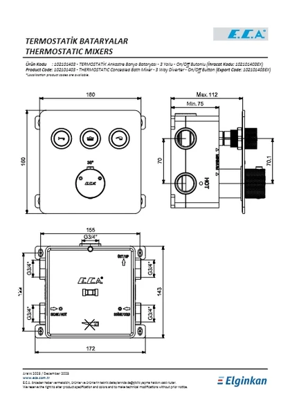 Eca Termostatik Ankastre Banyo Bataryası Sıva Üstü -Sıva Altı 3 Yollu - Resim 2