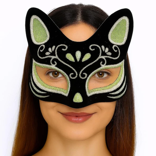 Siyah Renk Süet Kaplama Üzeri Gümüş Yeşil Simli Kedi Maskesi 17x14 cm - Resim 5