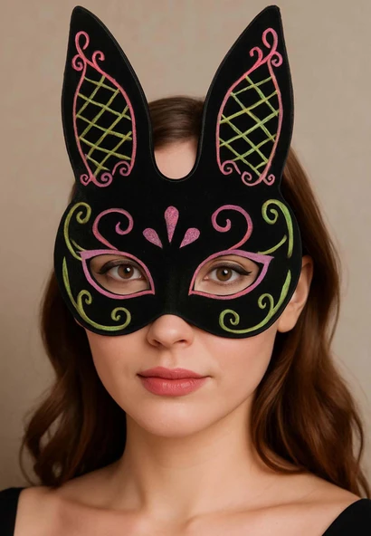 Siyah Renk Pembe Gold Simli Siyah Süet Kaplama Tavşan Maskesi 18x16 cm - Resim 5