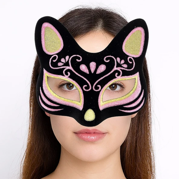 Siyah Renk Süet Kaplama Üzeri Sarı Pembe Simli Kedi Maskesi 17x14 cm - Resim 9