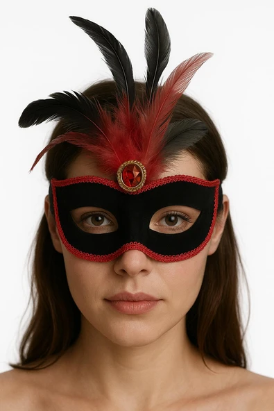 Kırmızı Dantelli Siyah Kırmızı Tüylü Siyah Süet Kaplama Parti Maskesi 17x25 cm - Resim 5