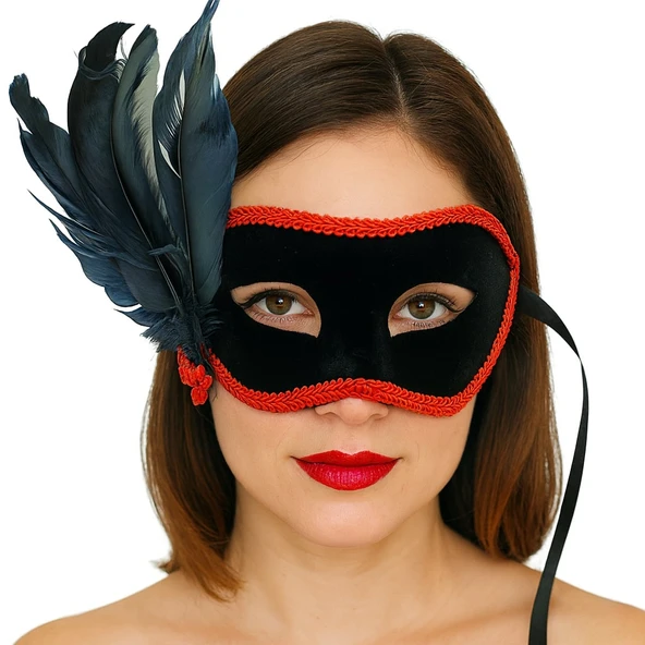 Siyah Renk Yandan Tüylü Siyah Süet Kaplama Parti B Maskesi 21x20 cm - Resim 3