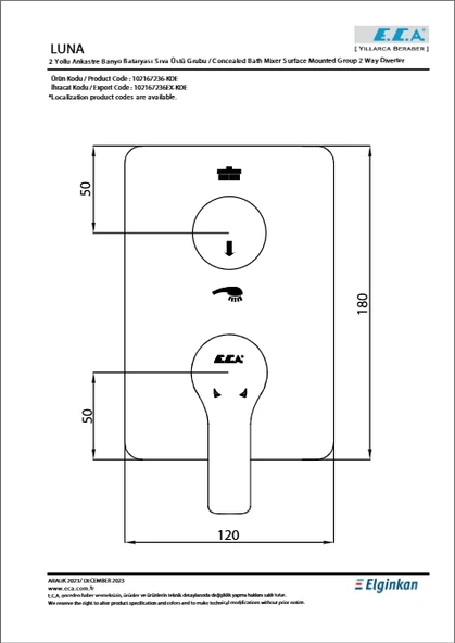 Eca Luna Ankastre Banyo Bataryası Sıva Üstü 2 Yollu - Resim 2
