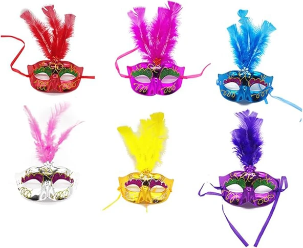 Renkli Tüylü Venedik Parti Maskesi Karışık Renk 12 Adet - Resim 6