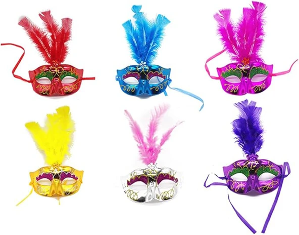 Renkli Tüylü Venedik Parti Maskesi Karışık Renk 12 Adet - Resim 8