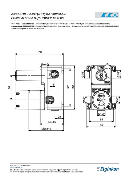 Eca Ankastre Banyo Bataryası Sıva Altı Grubu 3 Yollu Mat Siyah - Resim 2