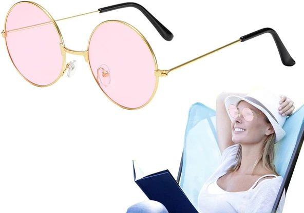 Yuvarlak Cam John Lennon Tarzı Hippi Gold Çerçeveli Pembe Gözlük - Resim 8