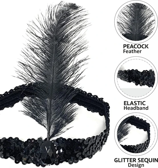 Siyah Renk Çarliston Başlık 90 lı Yıllar 80 li Yıllar Tüylü Saç Bandı - Resim 11