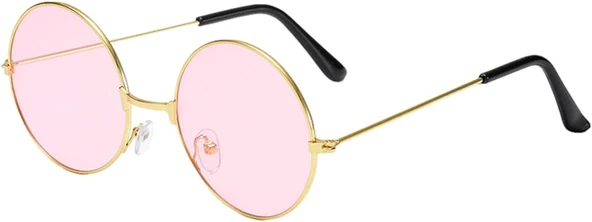 Yuvarlak Cam John Lennon Tarzı Hippi Gold Çerçeveli Pembe Gözlük - Resim 7