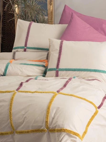 Puff Nakışlı Ranforce Çift Kişilik Nev Takımı İnsula Gülkurusu - Resim 5