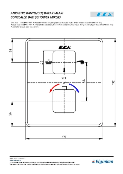 Eca Termostatik Ankastre Banyo Duş Bataryası Sıva Üstü 2 Yollu - Resim 2