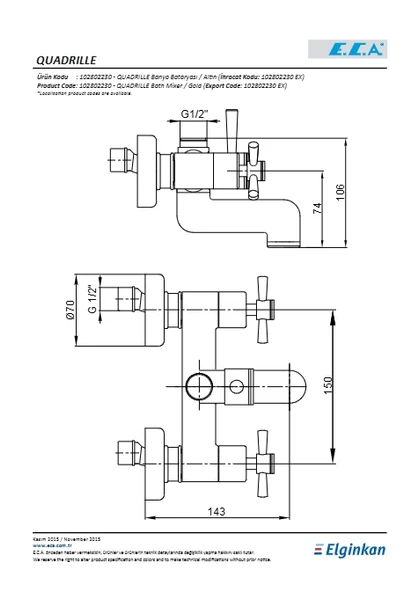 Eca Quadrille Banyo Batarya Altın Görünümlü - Resim 2