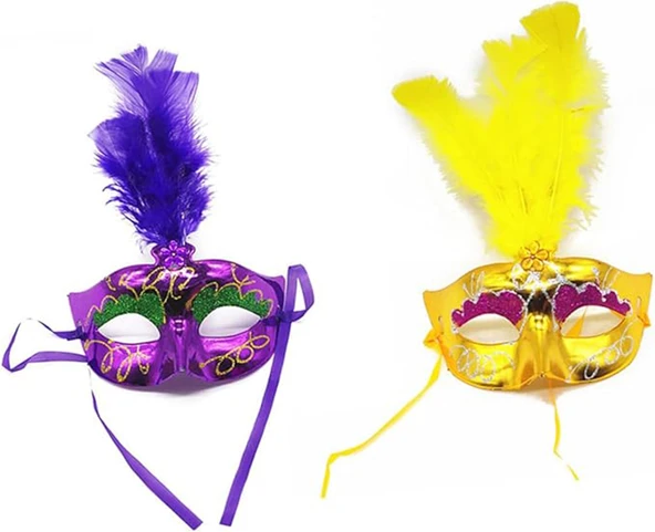 Renkli Tüylü Venedik Parti Maskesi Karışık Renk 12 Adet - Resim 12