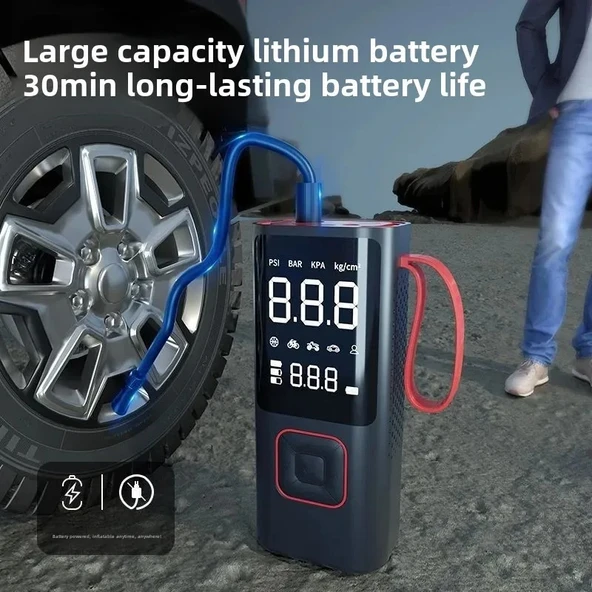 3in1 Kablosuz Usb Type-C 3*2000Mah Göstergeli Oto Lastik Hava Pompası - 5