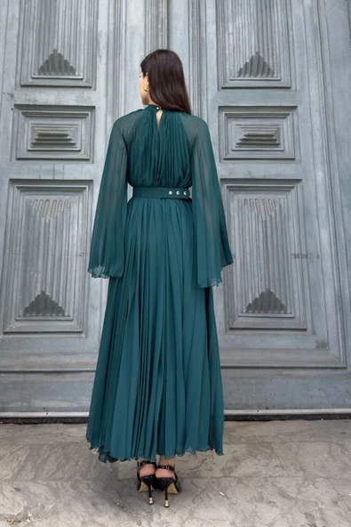 Plise Detaylı Kemerli Rahat Form Abiye Elbise 2183-Yeşil - Resim 5