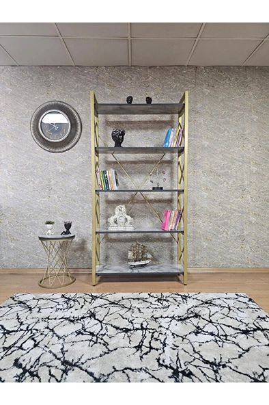 Gold Boyalı Kitaplık - 5 Raflı Suntalem Lüks Kitaplık Marmol - 2