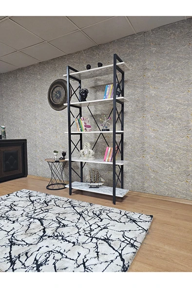 Çıkıntılı Siyah Boyalı Kitaplık - 5 Raflı Suntalem Lüks Kitaplık Beyaz Mermer - 3