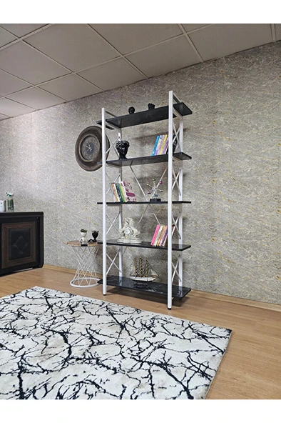 Çıkıntılı Beyaz Boyalı Kitaplık - 5 Raflı Suntalem Lüks Kitaplık Siyah Mermer - 3