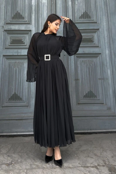 Plise Detaylı Kemerli Rahat Form Abiye Elbise 2183-Siyah - Resim 2