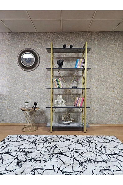 Çıkıntılı Gold Boyalı Kitaplık - 5 Raflı Suntalem Lüks Kitaplık Marmol - 2