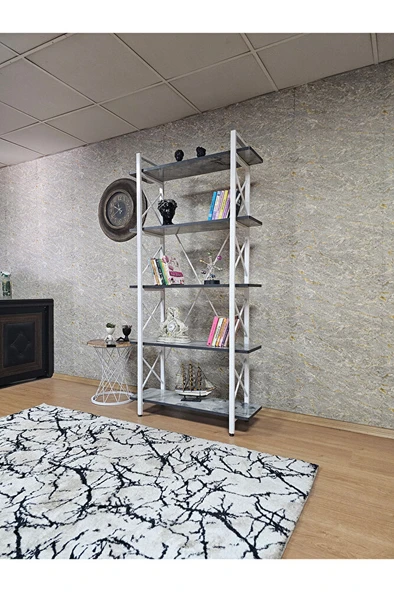 Çıkıntılı Beyaz Boyalı Kitaplık - 5 Raflı Suntalem Lüks Kitaplık Marmol - 3