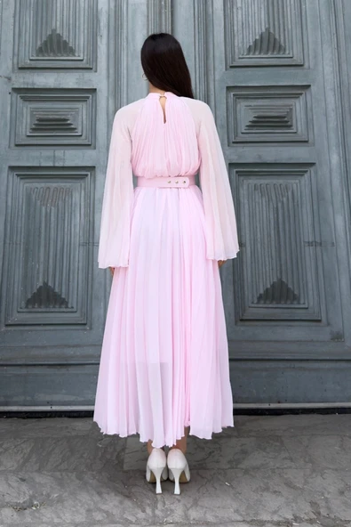 Plise Detaylı Kemerli Rahat Form Abiye Elbise 2183-Pembe - Resim 6