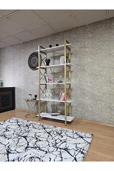 Çıkıntılı Gold Boyalı Kitaplık - 5 Raflı Suntalem Lüks Kitaplık Beyaz Mermer - 3