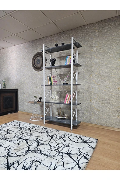 Çıkıntılı Beyaz Boyalı Kitaplık - 5 Raflı Suntalem Lüks Kitaplık Aris Gri - 3