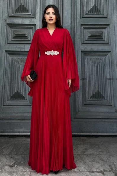 Kruvaze Yaka Yarasa Kol Pliseli Abiye Elbise 2235-Kırmızı - Resim 5