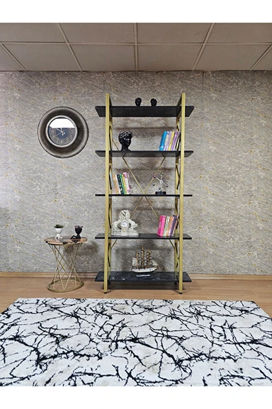 Çıkıntılı Gold Boyalı Kitaplık - 5 Raflı Suntalem Lüks Kitaplık Siyah Mermer - 2