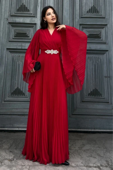 Kruvaze Yaka Yarasa Kol Pliseli Abiye Elbise 2235-Kırmızı ürün görseli
