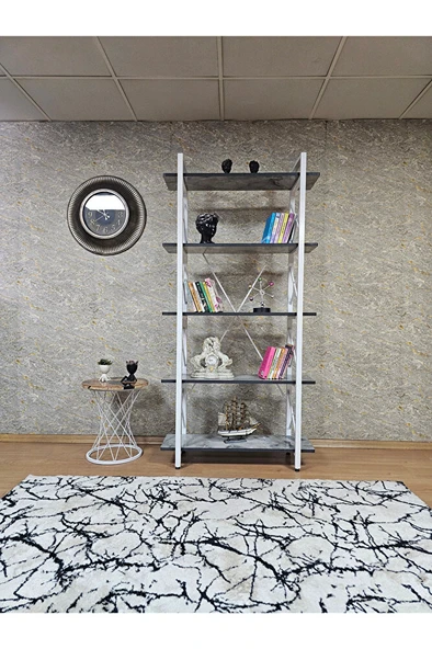 Çıkıntılı Beyaz Boyalı Kitaplık - 5 Raflı Suntalem Lüks Kitaplık Marmol - 2