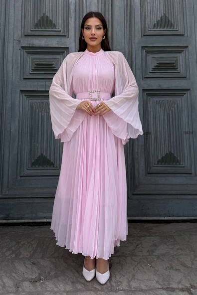 Plise Detaylı Kemerli Rahat Form Abiye Elbise 2183-Pembe - Resim 5